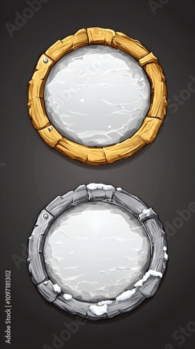 set of round ui game frames textured circles made of silver gold metal with snow wood or stone materials cartoon circular empty borders isolated graphic design gui elements vector illustration