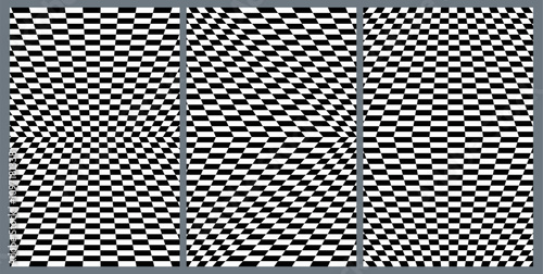 Set of Posters with Psychedelic Checkerboard Patterns. Abstract Black and White Geometric Texture. Vector Print with Optical Illusions