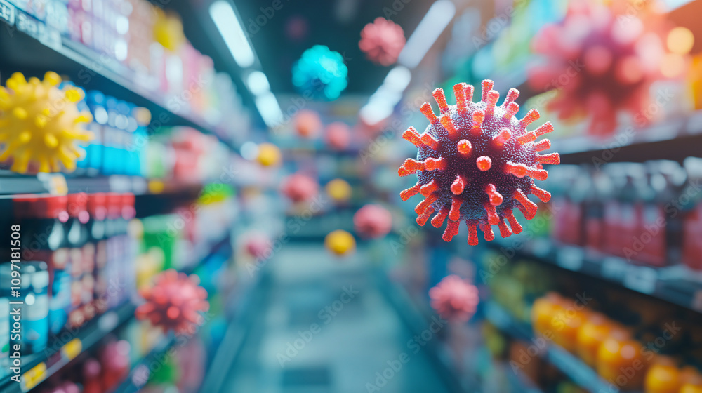 Naklejka premium Supermarket shelves stocked with goods during the coronavirus pandemic, shopping in quarantine