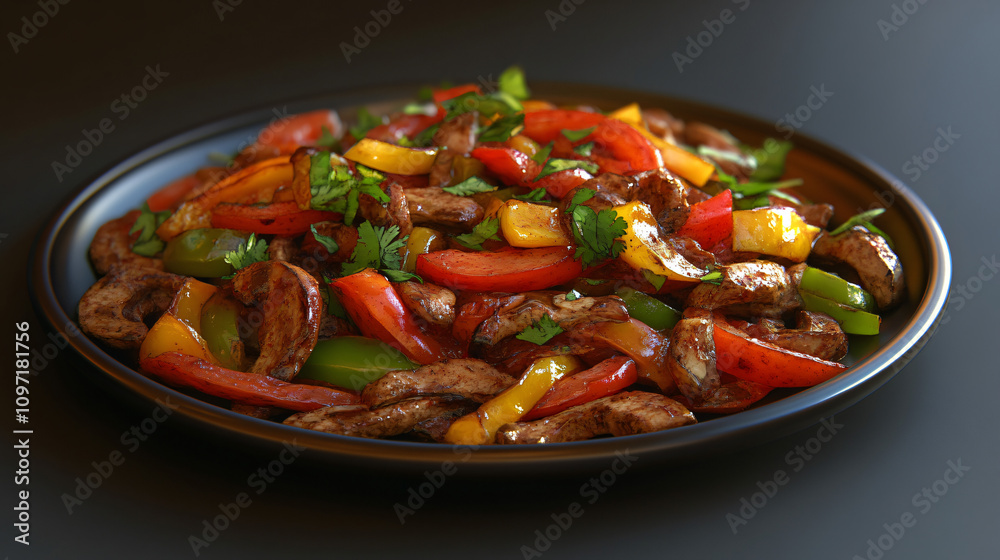 Delicious fajitas are garnished with fresh cilantro and served on a black plate, creating a vibrant culinary scene