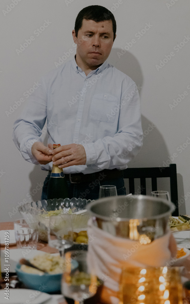 A young man opens a bottle of champagne at the table. A young man opens a bottle of champagne at the table.