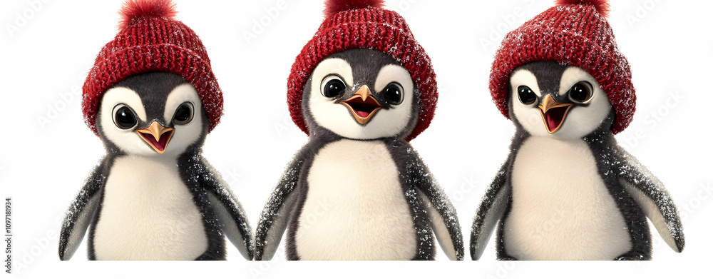 Fototapeta premium Cute Penguins Wearing Winter Hats in Playful Style