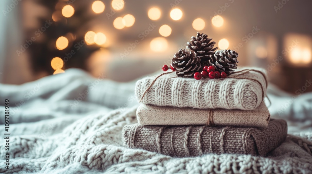 Cozy winter sweaters stacked with pine cones and berries Cozy winter sweaters stacked with pine cones and berries