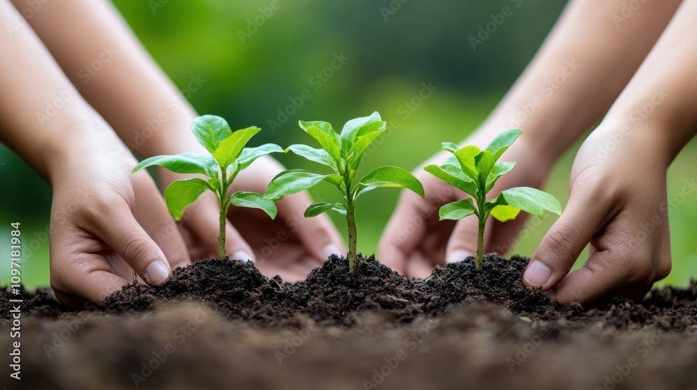 Hands Planting Three Young Green Seedlings In Soil Hands Planting Three Young Green Seedlings In Soil