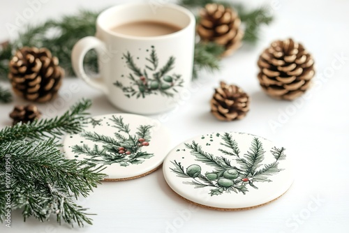 Holiday cookies with pine-themed decor and hot beverage