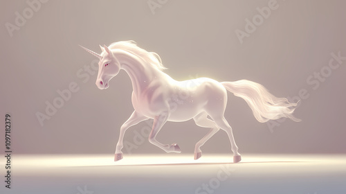 Majestic white unicorn with sparkling coat and shimmering horn prancing gracefully across a plain background for fantasy and imagination concept. Majestic Unicorn Plains. Illustration photo