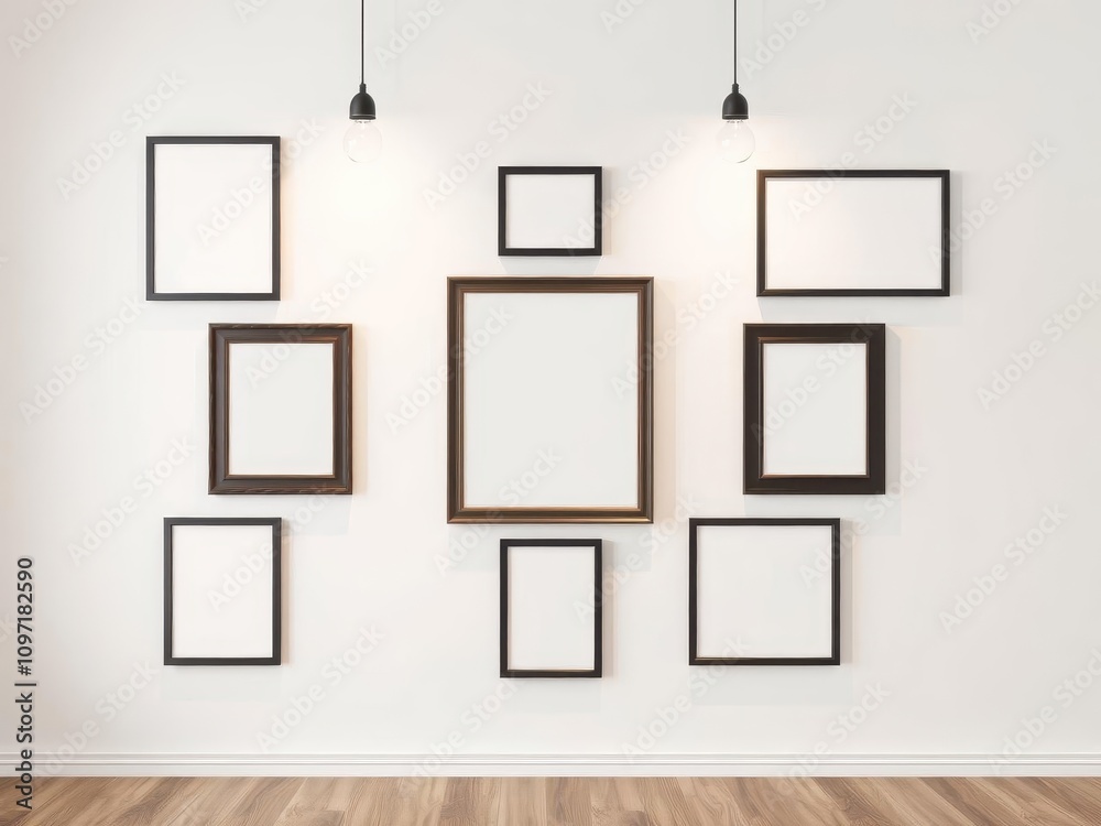 Various hanging gallery frames mockups in different sizes and orientations, art, frames Various hanging gallery frames mockups in different sizes and orientations, art, frames