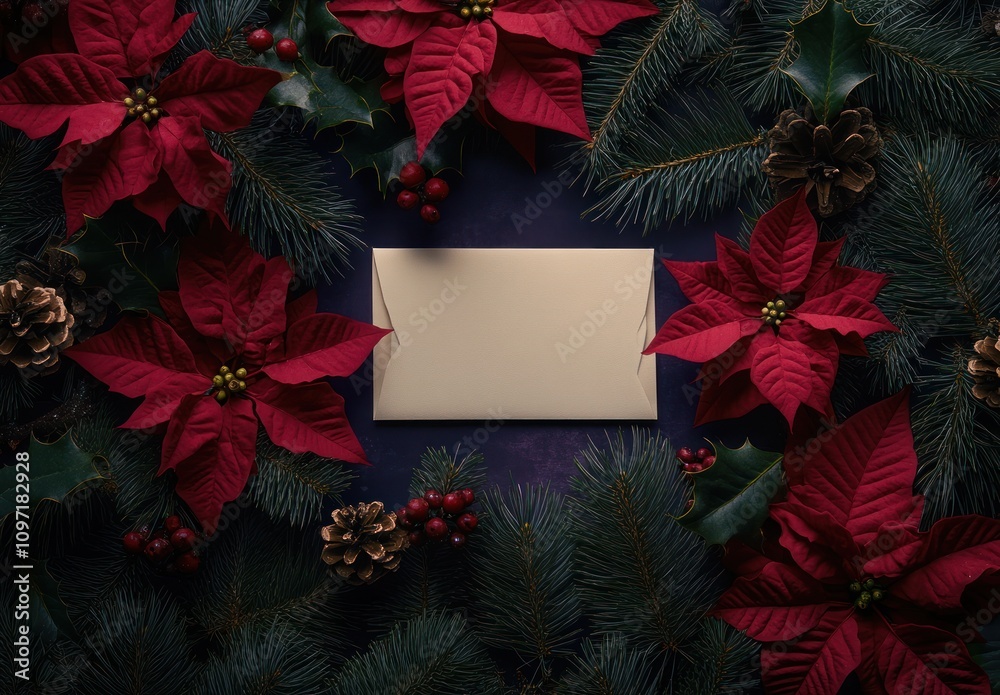 A festive arrangement featuring poinsettias, pine, and an envelope for holiday greetings. A festive arrangement featuring poinsettias, pine, and an envelope for holiday greetings.