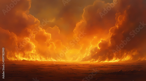 A wall of flames rises high into the sky as a massive wildfire sweeps through a dry and barren landscape, smoke billowing, fiery horizon. Rising Firestorm Horizon. Illustration