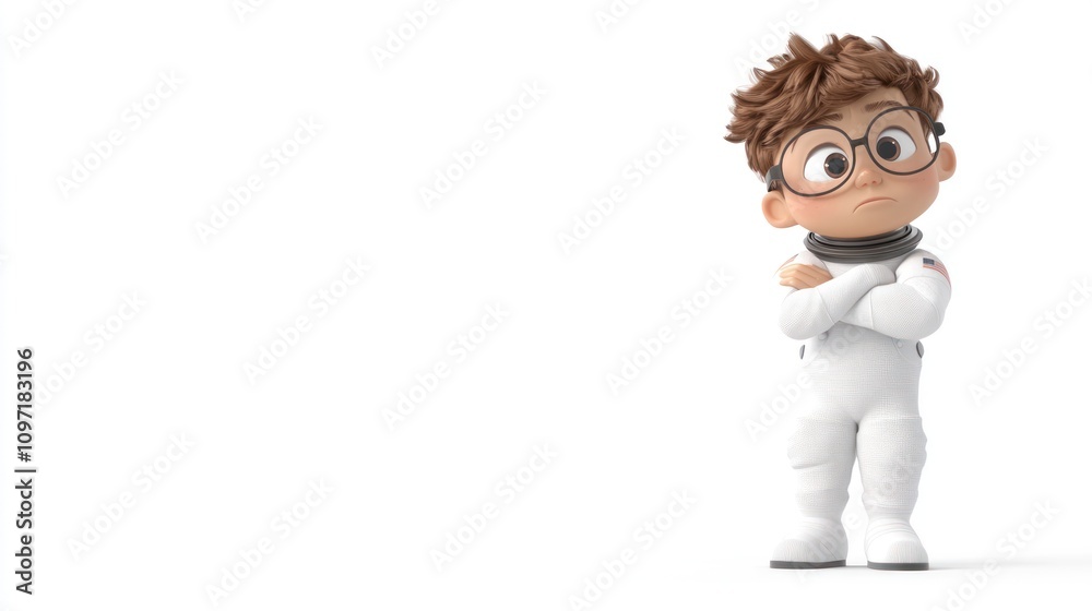 A cartoon boy in a spacesuit stands with arms crossed, looking thoughtful. A cartoon boy in a spacesuit stands with arms crossed, looking thoughtful.