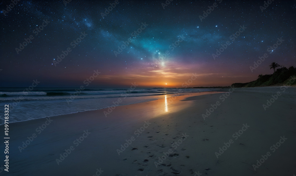 Obraz premium Beach with soft sands, shimmering ocean and moon.