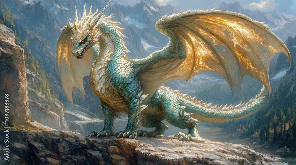 Majestic Dragon Perched Atop Mountain Rocks Majestic Dragon Perched Atop Mountain Rocks