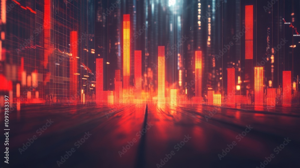 A digital landscape featuring glowing red bars, representing data or sound waves. A digital landscape featuring glowing red bars, representing data or sound waves.