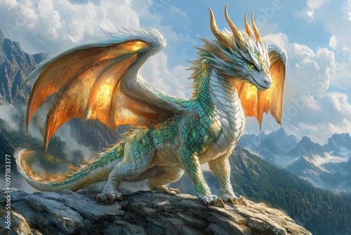 Majestic White Dragon Perched Upon Mountain Peak photo