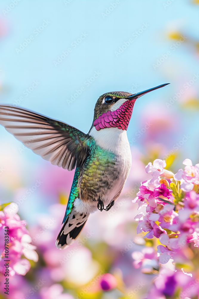Fototapeta premium Vibrant Hummingbird in Mid-Flight Feeding on Colorful Blossoms in a Lush Garden Under a Bright Blue Sky with Stunning Natural Scenery