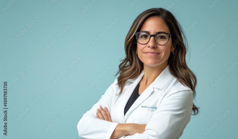 A confident professional woman in a lab coat poses against a light blue background. A confident professional woman in a lab coat poses against a light blue background.