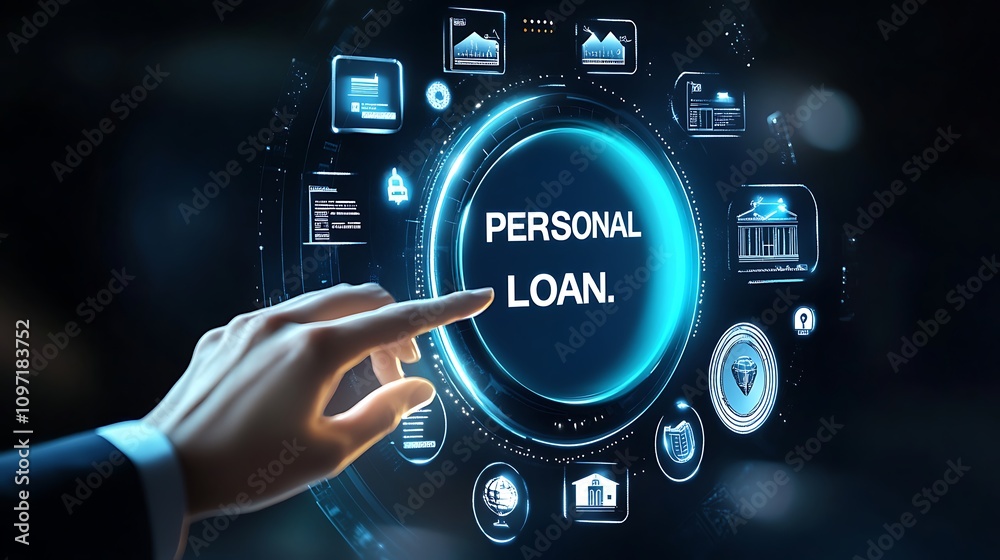 Personal loan and financial services concept. A person interacts with icons financial services, personal loans, interest rates, banking, and payment options. Online accessing financial products. money Personal loan and financial services concept. A person interacts with icons financial services, personal loans, interest rates, banking, and payment options. Online accessing financial products. money