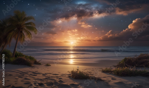 Lavender in the sands, ocean and bright stars in the sky.