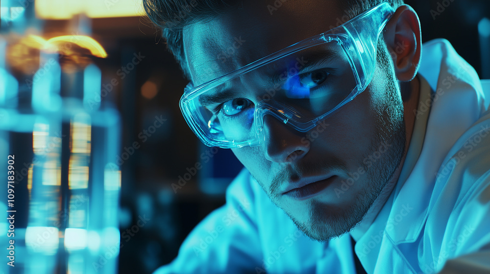 Futuristic researcher utilizing augmented reality to observe and analyze results, pushing the boundaries of scientific research