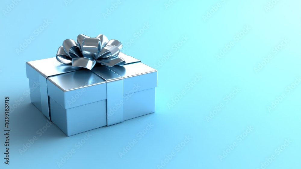 A shiny blue gift box with a decorative bow on a light blue background. A shiny blue gift box with a decorative bow on a light blue background.