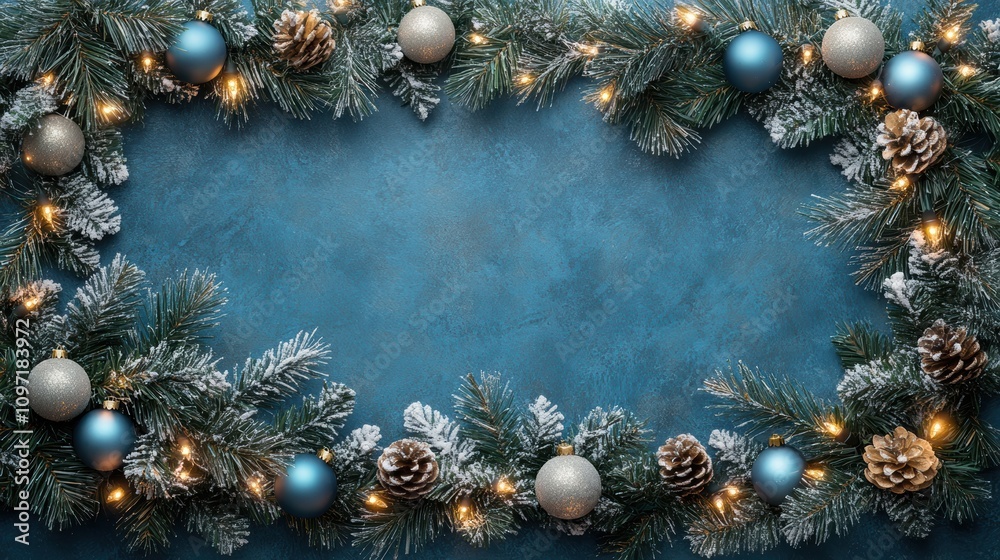 Christmas garland with bokeh lights on soft blue background Christmas garland with bokeh lights on soft blue background
