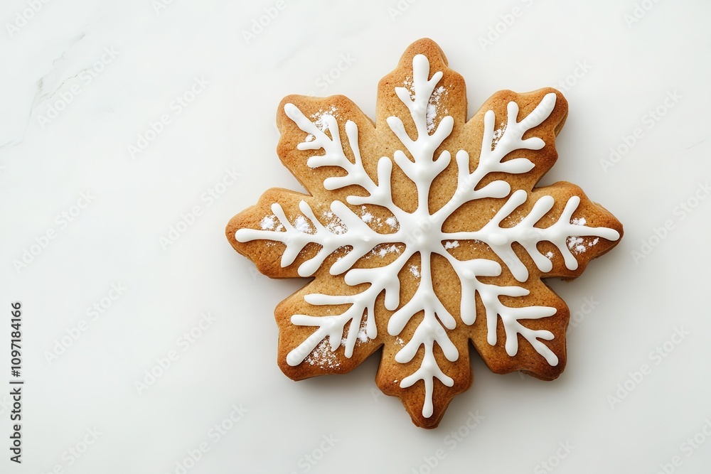 Snowflake gingerbread cookie on white surface Snowflake gingerbread cookie on white surface