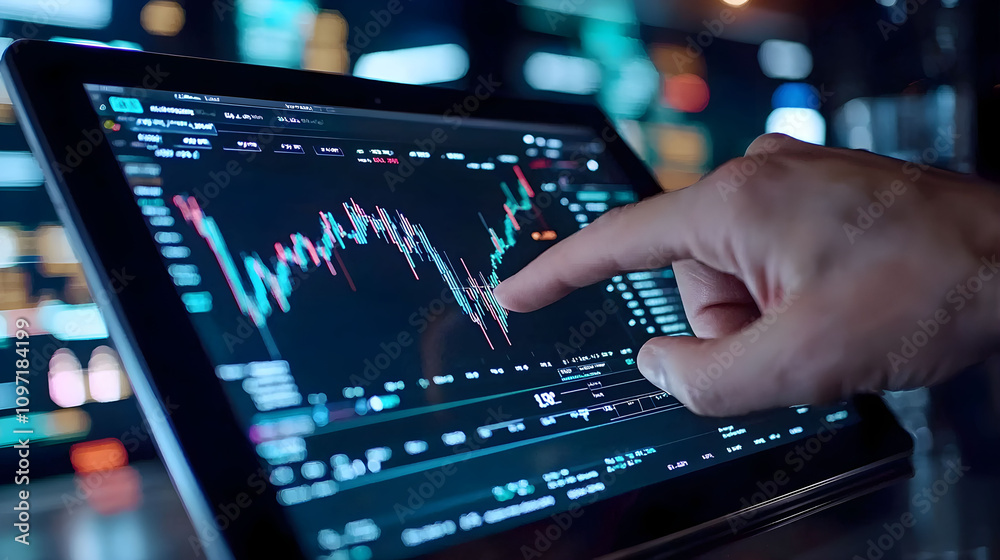 Person interacting with stock market data on a digital tablet during nighttime at a financial office Person interacting with stock market data on a digital tablet during nighttime at a financial office