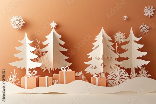 Unique holiday card showcases intricate paper cut-out trees and gifts, celebrating the festive spirit in a warm and inviting setting. Generative AI photo