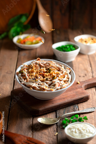 white bowl of shawarma with garlic sauce on top on a wooden background. photo