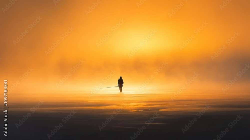 A solitary figure walks across a misty lake at sunrise amidst vibrant orange hues