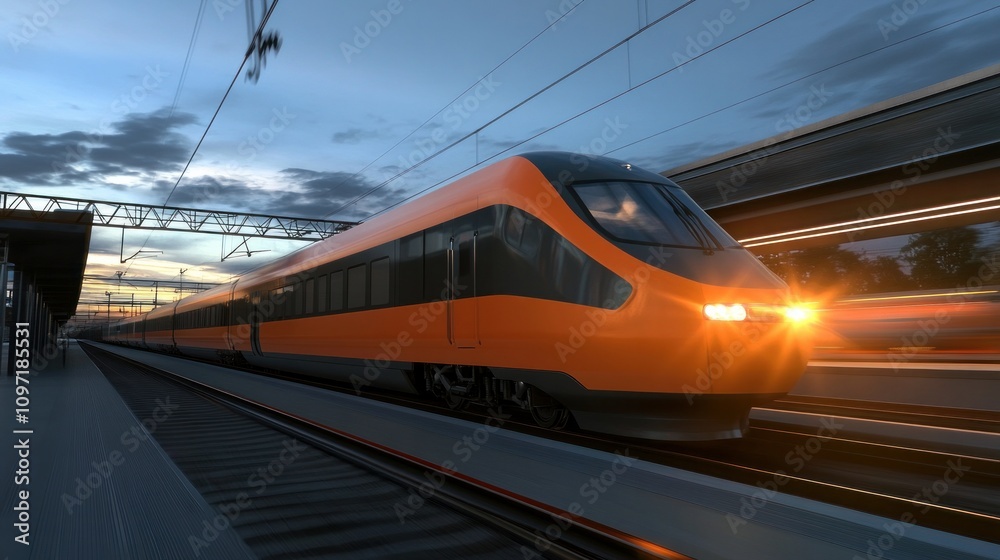 At sunset, a fast-moving orange train is seen at the train station. On the railway station, a contemporary intercity passenger train features a motion blur effect. industrial. In Europe, railroads At sunset, a fast-moving orange train is seen at the train station. On the railway station, a contemporary intercity passenger train features a motion blur effect. industrial. In Europe, railroads