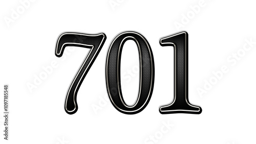 Photos black metal 3d design of number 701 on white background.