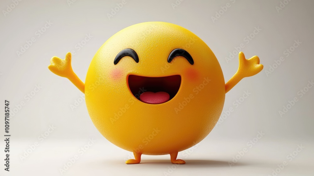 A vibrant yellow emoji with a wide smile and rosy cheeks exudes joy and cheerfulness, ideal for enhancing conversations, designs, and greeting cards with its playful charm