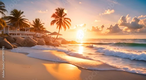 A beautiful beach scene with a bright sun setting in the background Video 4K