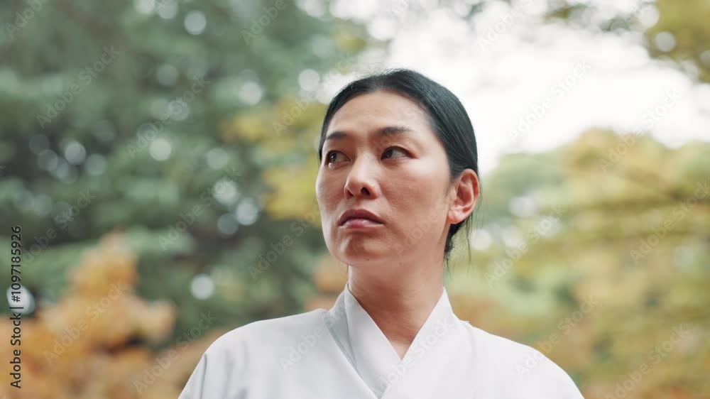 Japanese woman, sport and martial arts in nature with thinking, ambition and ready for fight. Mature athlete, fitness and confident in Tokyo park for aikido, tradition or combat culture with heritage Japanese woman, sport and martial arts in nature with thinking, ambition and ready for fight. Mature athlete, fitness and confident in Tokyo park for aikido, tradition or combat culture with heritage