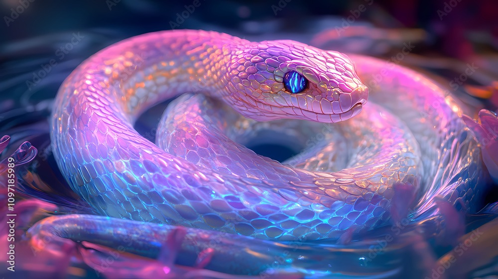 Fototapeta premium A mesmerizing 3d rendering of a vibrant serpent coils around itself, its scaly body glowing with an ethereal. Ethereal Water Serpent. Illustration
