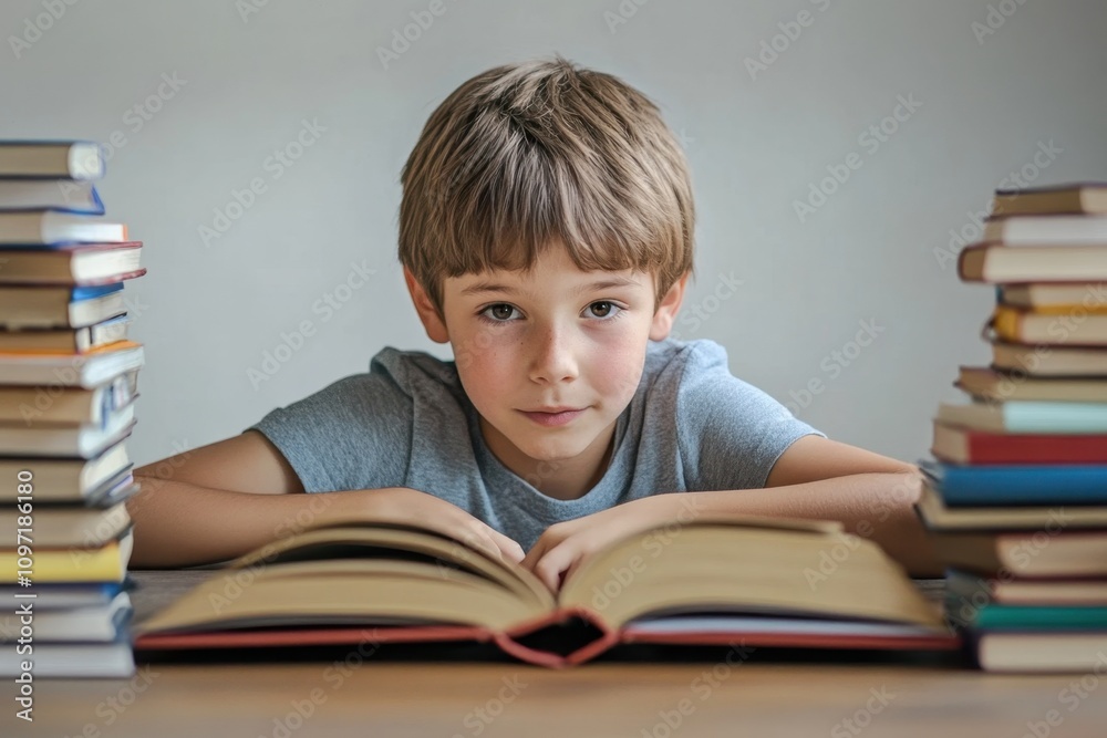 Young boy reading a book with stacks of literature on either side in a cozy study Young boy reading a book with stacks of literature on either side in a cozy study