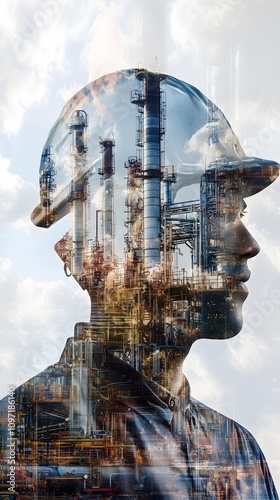 double exposure of engineer with oil refinery industry plant background industrial instruments in the factory and physical system icons concept