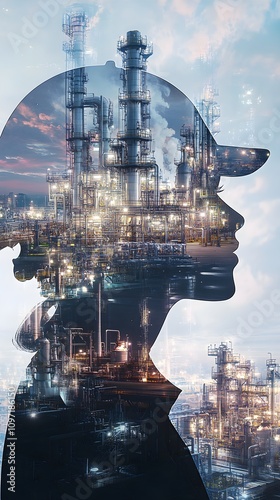 double exposure of engineer with oil refinery industry plant background industrial instruments in the factory and physical system icons concept