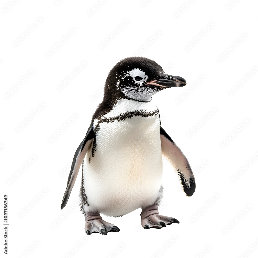 Fototapeta premium A cute penguin standing upright with a glossy black and white plumage.