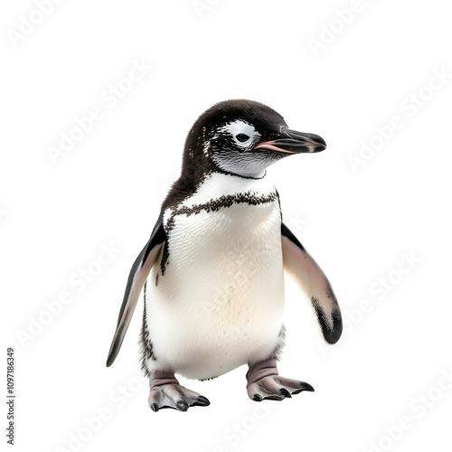 A cute penguin standing upright with a glossy black and white plumage. photo