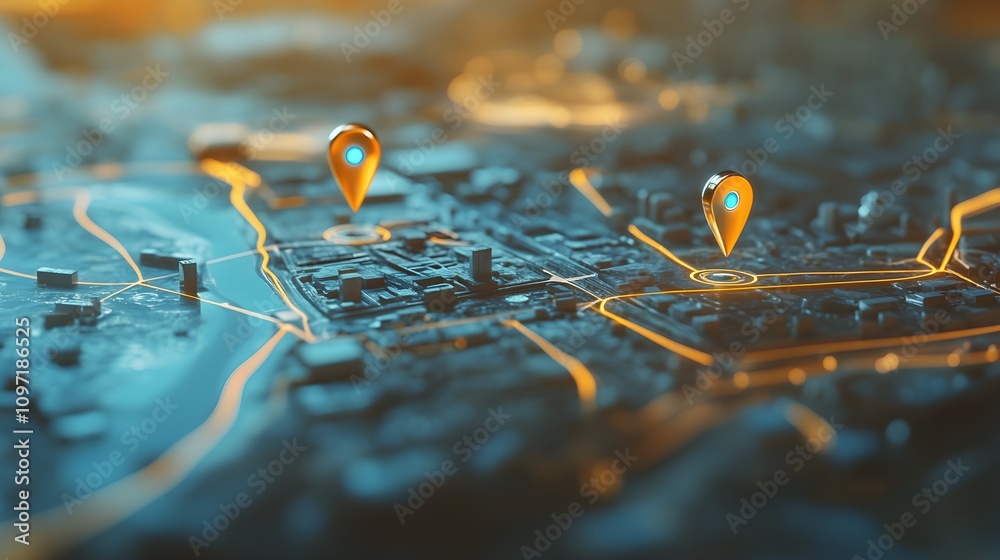 a digital map displaying a location with two pins set representing ai technology in gps innovation in delivery services and map location for future transport logistics a digital map displaying a location with two pins set representing ai technology in gps innovation in delivery services and map location for future transport logistics
