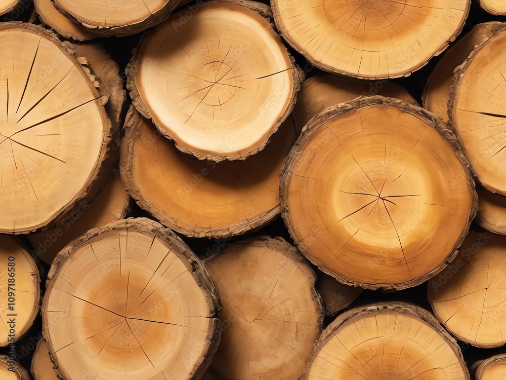 Warm Wood Textures: A Close-Up of Stacked Tree Cross-Sections Warm Wood Textures: A Close-Up of Stacked Tree Cross-Sections