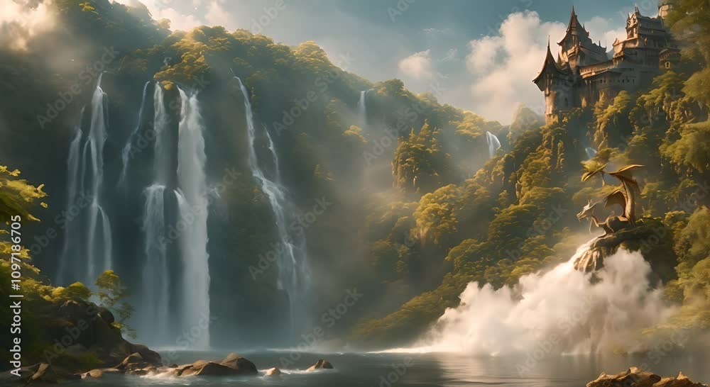 A dragon is depicted in a fantasy world with a waterfall in the background Video 4K