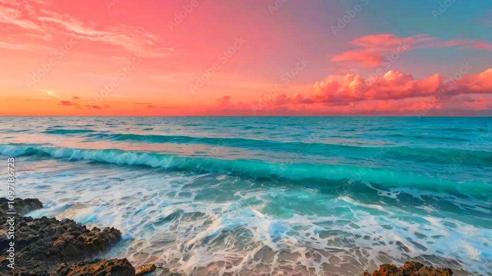 Obraz premium AI GENERATE background, tranquil ocean scene with a gradient sky shifting from coral pink to turquoise