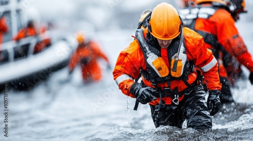 Wallpaper Mural Rescue workers in orange uniforms wading through water during a search and rescue operation. Torontodigital.ca