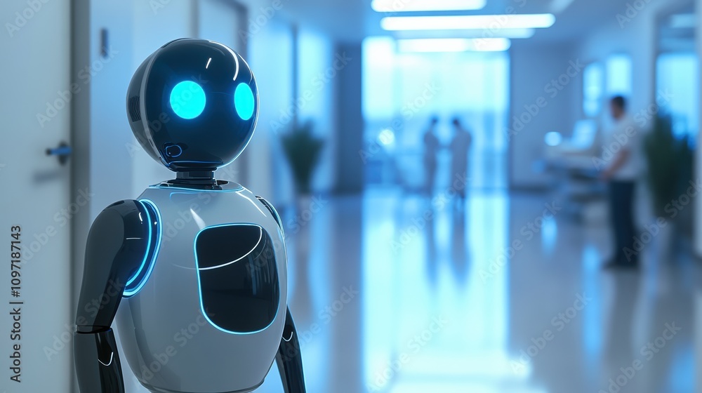 Ai robot in modern hospital corridor with medical staff silhouettes Ai robot in modern hospital corridor with medical staff silhouettes