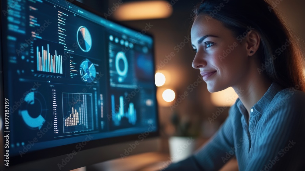 Smiling woman analyzing data charts and graphs on a computer screen. Modern workplace environment with digital interface.