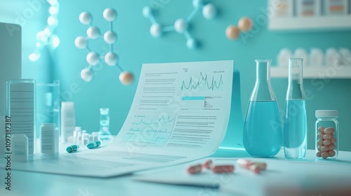 Scientific laboratory with research papers, glass flasks, and molecular structures on a blue background