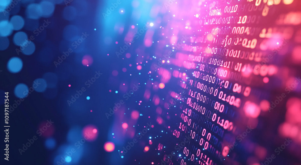 Obraz premium Digital abstract background showcasing binary code in vibrant colors with sparkling particles